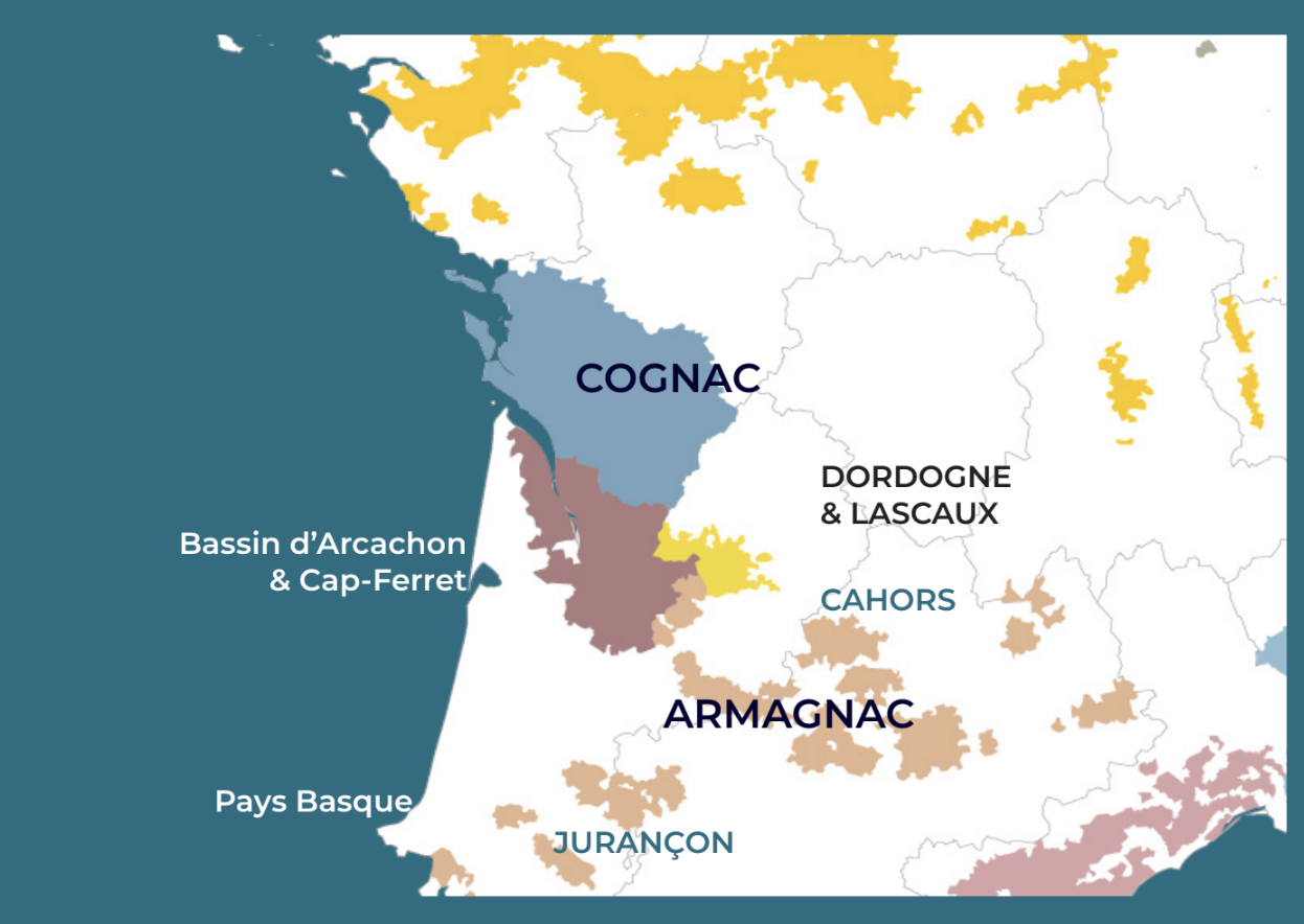 Map of wine growing areas around Bordeaux in South Western France